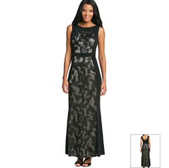 Sangria Sleeveless Burgundy Mesh Lace Panel Gown - Picture 3 of 7